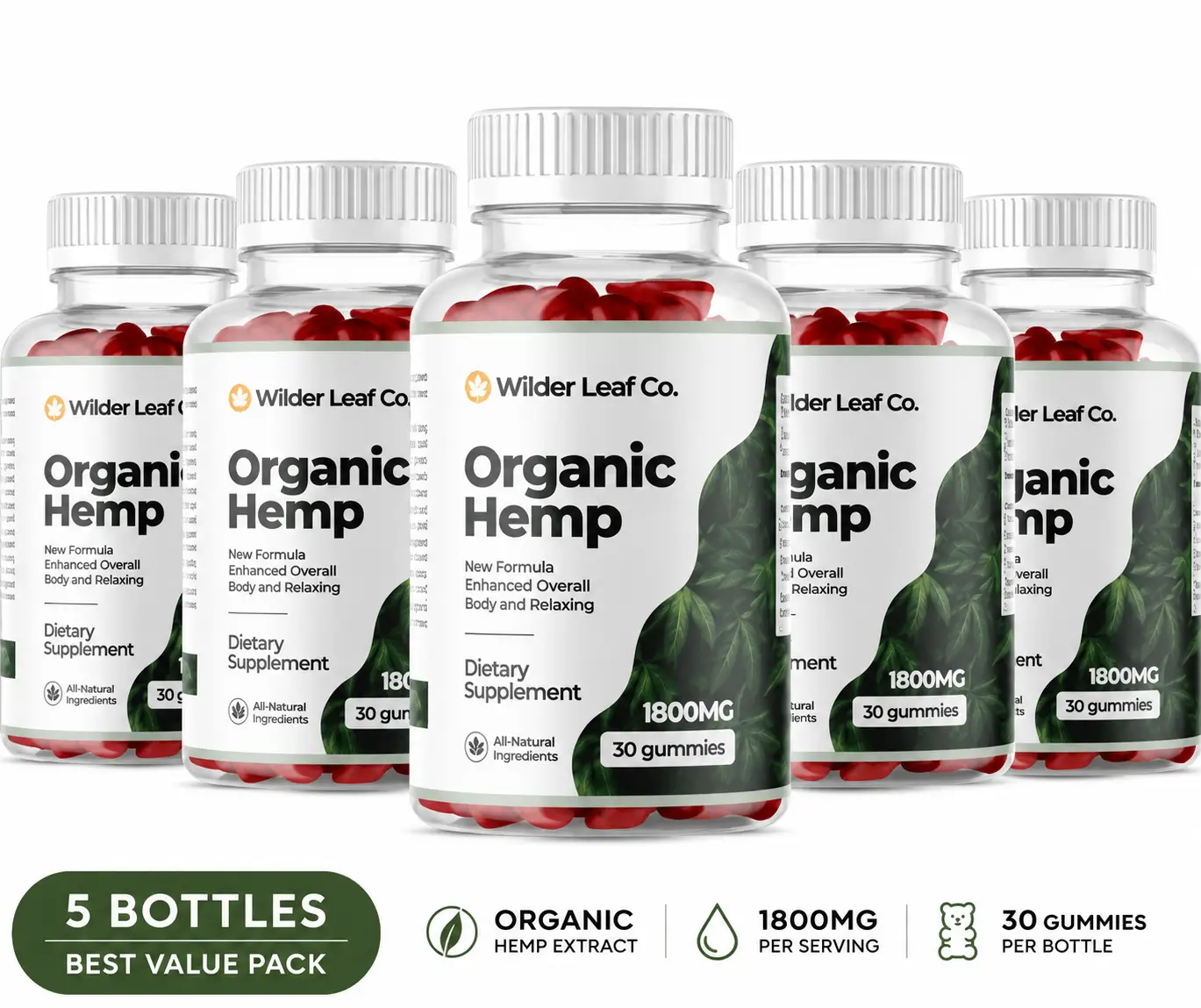 Five bottle Wilder Leaf Organic Hemp Gummies package